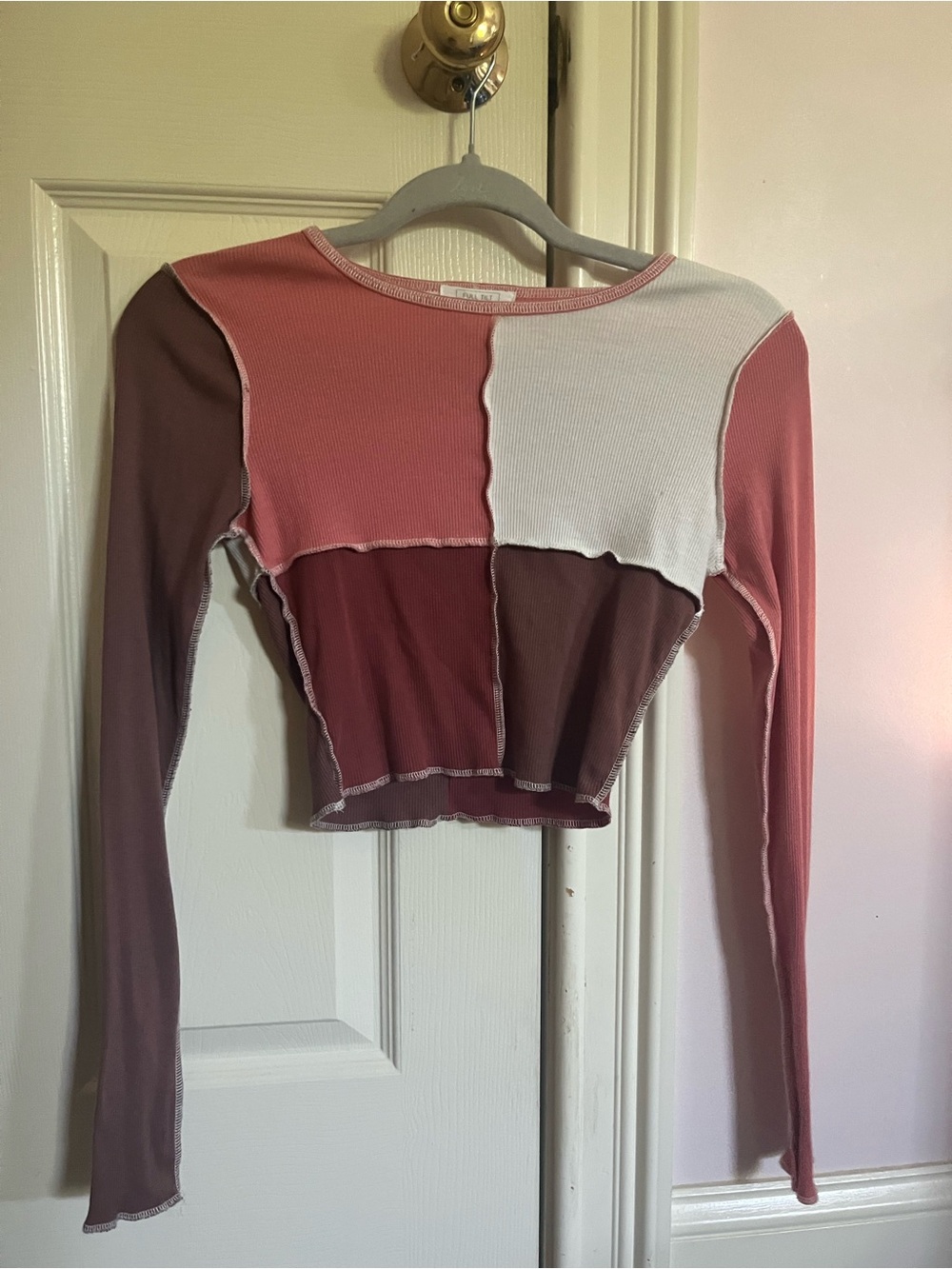 Urban Outfitters Patchwork Ribbed Long Sleeve Crop Top - Pink, White & Brown